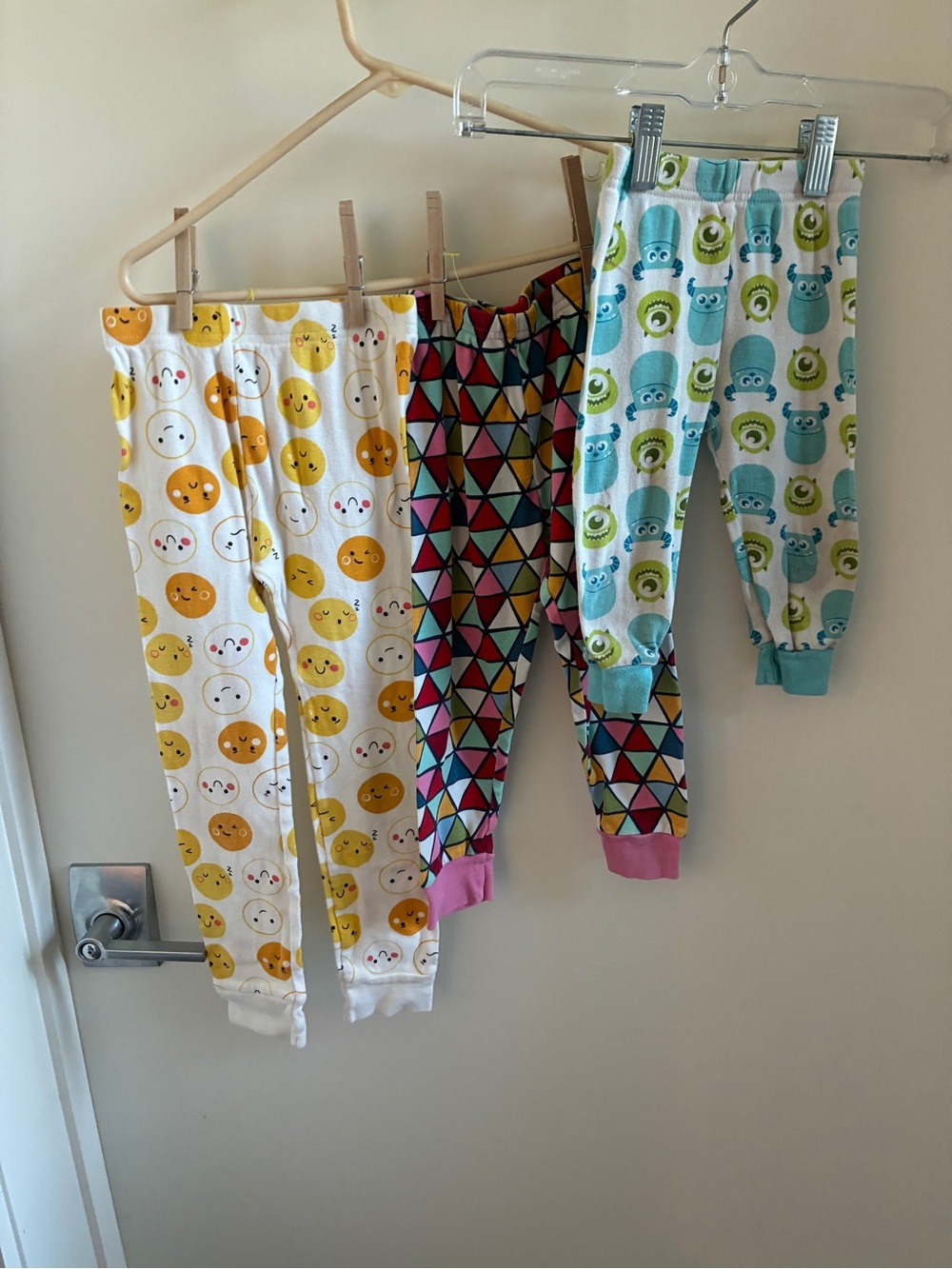Kids Pajama Bottoms - Yellow Smiley, Multicolor Triangle & Blue Monster Prints